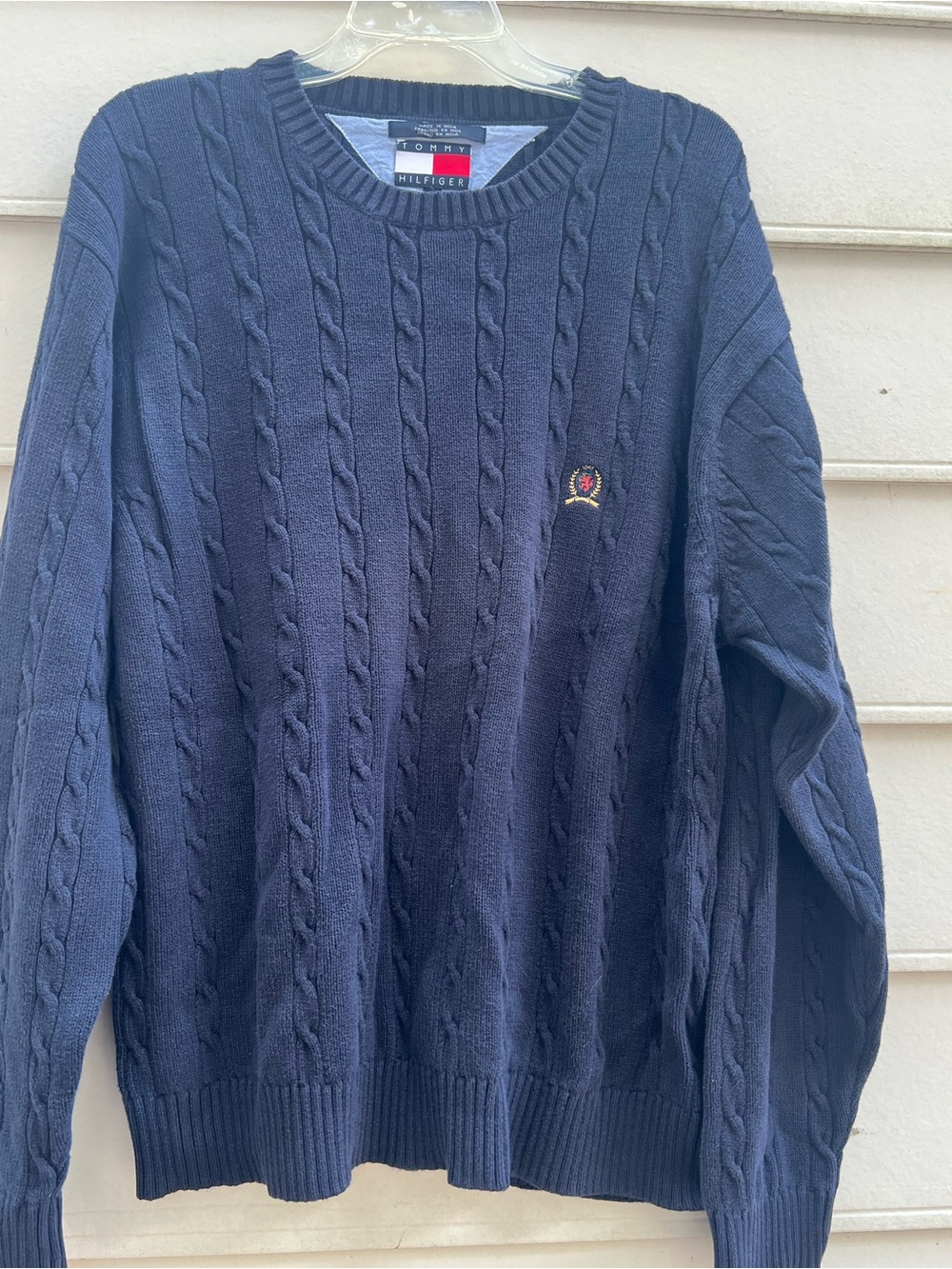 Tommy Hilfiger Navy Cable Knit Crewneck Sweater with Crest